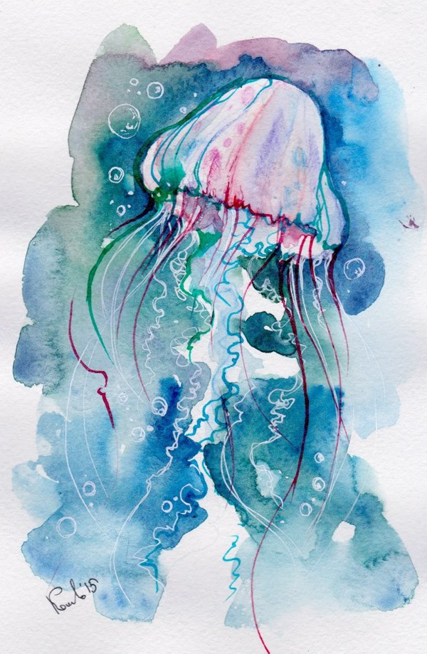 Акварельная 7. Медуза акварелью. Иллюстрации акварелью. Морские обитатели акварелью. Графика акварель.