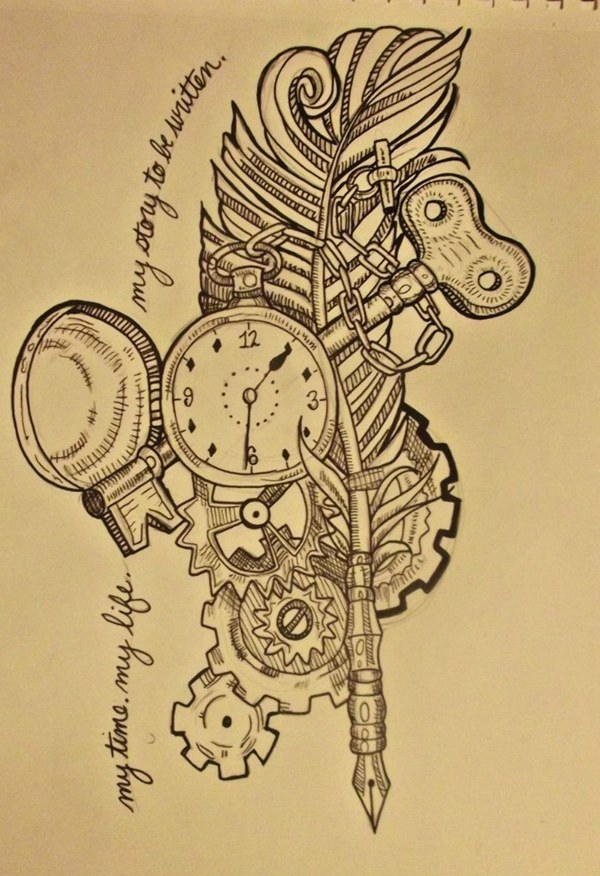 Эскиз татуировки Часы и компас.