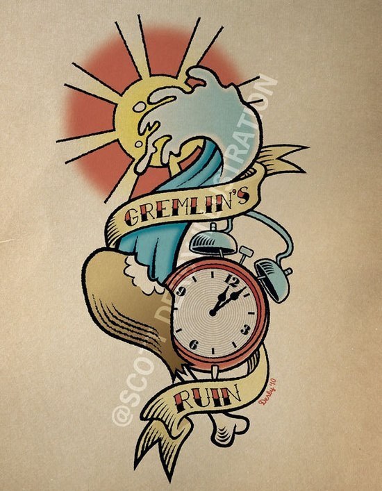 Эскиз татуировки Часы и компас.